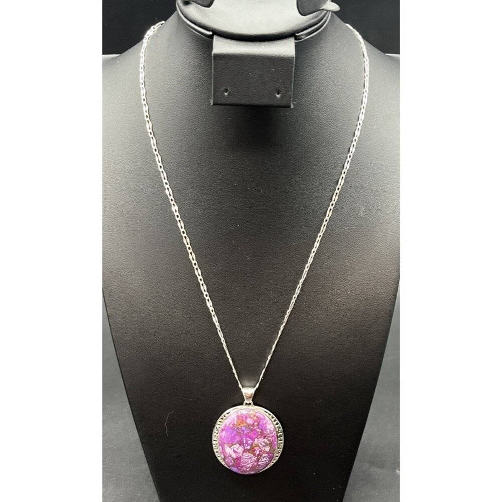 Vintage 925 Sterling Silver Copper Purple Turquoise Scrollwork Pendant Necklace